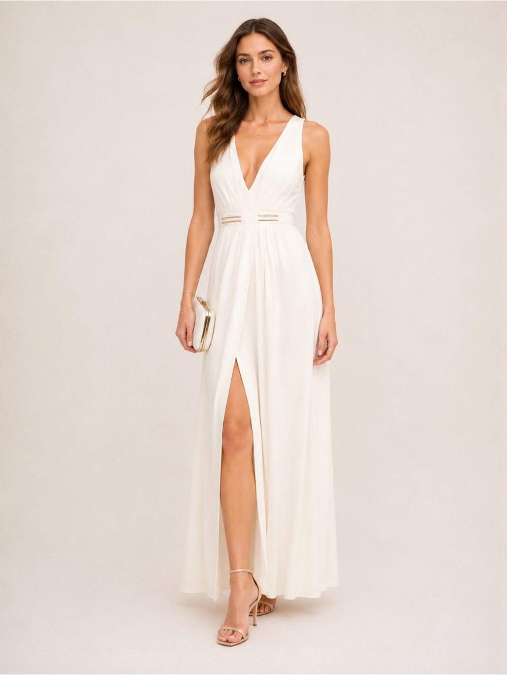 Halston Heritage Belted Jersey Maxi Gown Ivory Size Small